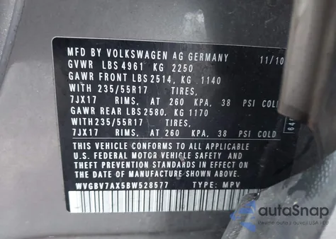 2011 Volkswagen Tiguan Se из США, поврежденный, VIN WVGBV7AX5BW528577